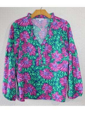 Michelle Mcdowell Womens Pink Green Floral Long Sleeve V Neck Blouse M
